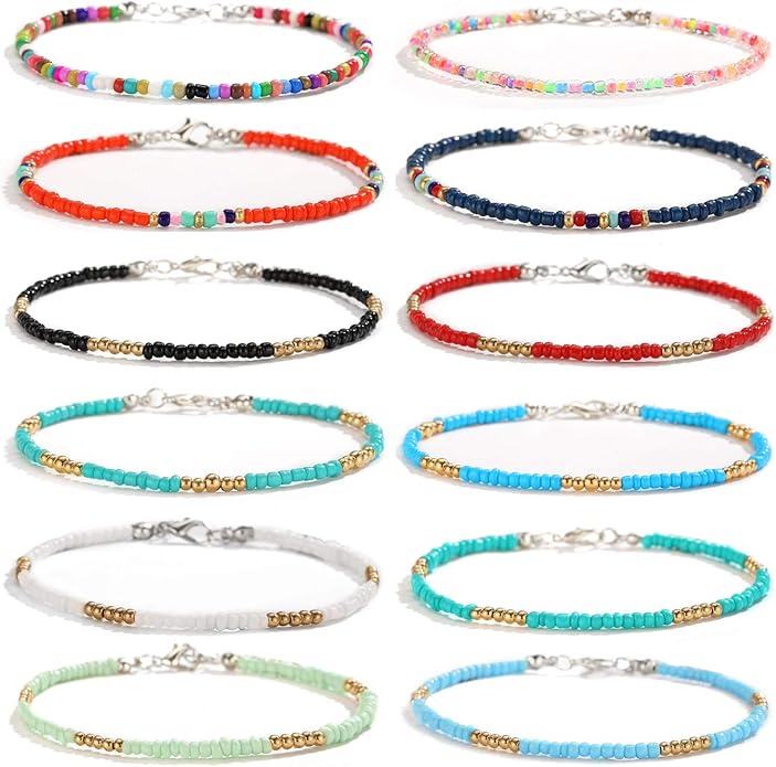 XIJIN 8Pcs Handmade Beaded Anklets for Women Boho Colorful Beads Ankle Bracelets Adjustable Foot Anklet Set