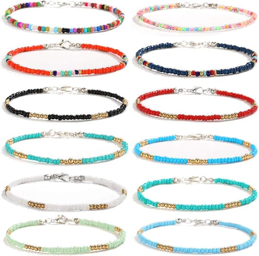 XIJIN 8Pcs Handmade Beaded Anklets for Women Boho Colorful Beads Ankle Bracelets Adjustable Foot Anklet Set