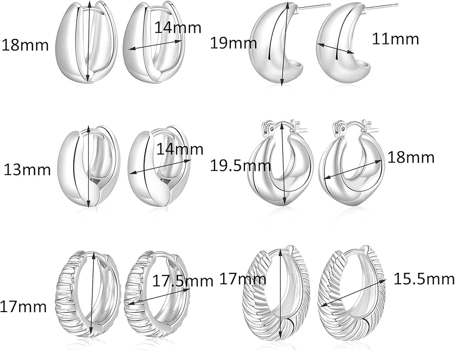 6 Pairs Gold Hoop Earrings for Women, 14K Gold Plated Lightweight Chunky Hoop Earrings Set Hypoallergenic, Thick Open Huggie Hoops Earrings Jewelry for Gifts.