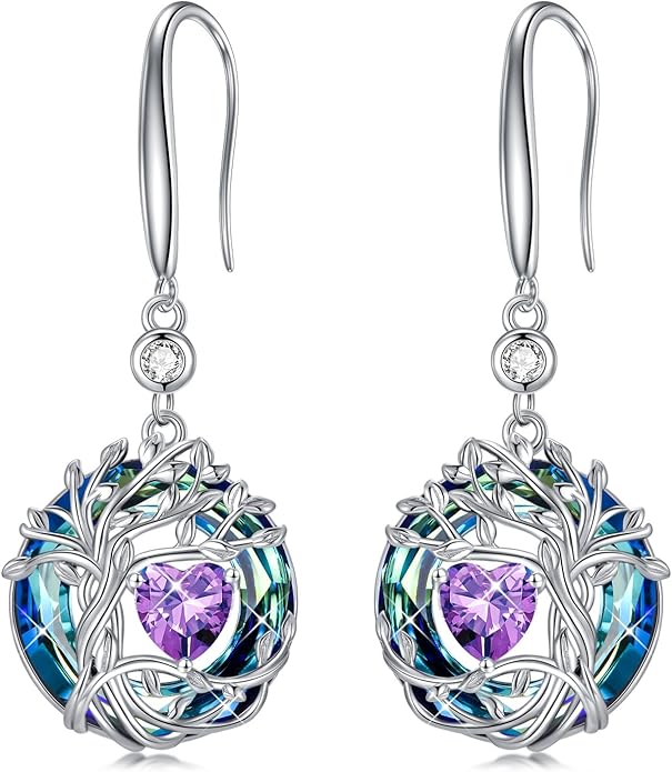 TOUPOP Tree of Life Birthstone Earrings for Women 925 Sterling Silver Family Tree Dangle Earrings Austrian Crystal Jewelry Birthday Christmas Gifts for Her Girlfriend Wife Mom