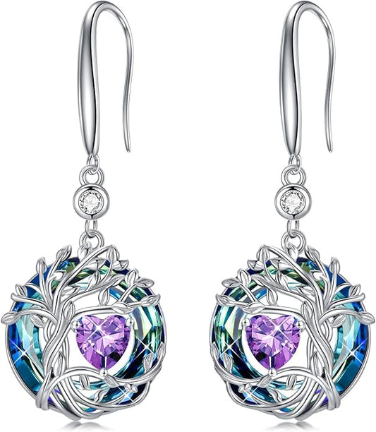 TOUPOP Tree of Life Birthstone Earrings for Women 925 Sterling Silver Family Tree Dangle Earrings Austrian Crystal Jewelry Birthday Christmas Gifts for Her Girlfriend Wife Mom