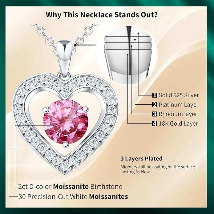 31-Stone Birthstone Heart Necklace for Women | 2ct Moissanite & 30 Sparkling Accents | Valentine's Day, Birthday,Mother's Day, Christmas Gift for Wife, Mother, Girlfriend