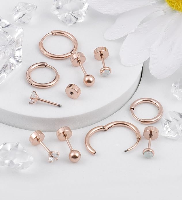 MJust Titanium Earrings for Sensitive Ears 20G Hypoallergenic Stud Hoop Earrings for Women Men Opal Ball CZ Heart Pearl Flat Back Earrings Cartilage Earrings Set