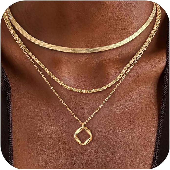 Layered Gold Silver Necklace for Women Non Tarnish,Dainty Choker Statement Chunky Necklace Stack Charm Pendant Chain Necklace Set 14K Gold Plated Long Stacked Womens Necklaces Trendy Jewelry Gift