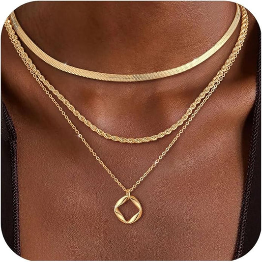 Layered Gold Silver Necklace for Women Non Tarnish,Dainty Choker Statement Chunky Necklace Stack Charm Pendant Chain Necklace Set 14K Gold Plated Long Stacked Womens Necklaces Trendy Jewelry Gift