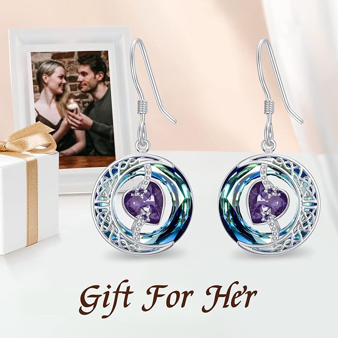 TOUPOP Birthstone Earrings for Women 925 Sterling Silver Moon and Star Dangle Earrings with Blue Crystal BirthdayJewelry Christmas Gifts for Women