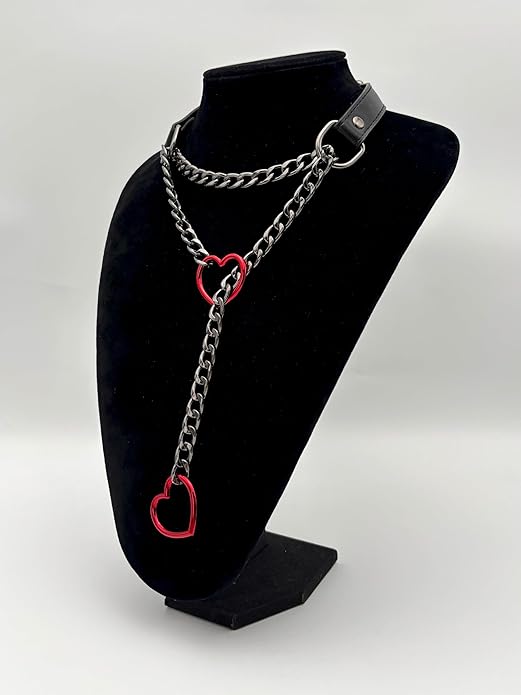 Black Leather Choker Collar For Women, Handmade Heart Slip Chain Choker Long Necklace with Adjustable Buckle