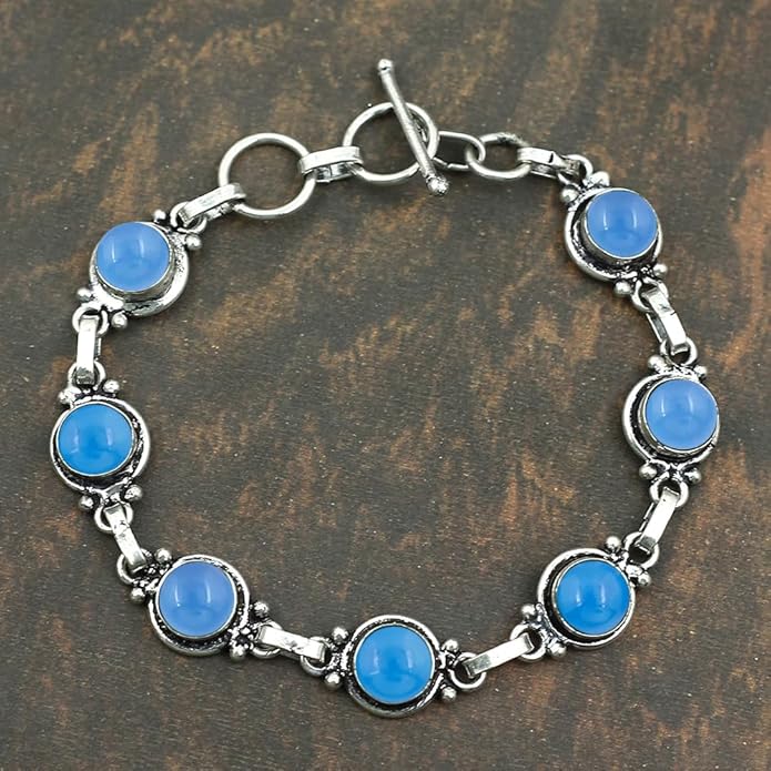 Round Shape Natural & Synthetic Gemstones Silver Plated Bracelets for Women - Vintage Bohemian Style Handmade Birthstone Adjustable Link Bracelet Jewelry Gifts for Wedding Anniversary Mother's Day