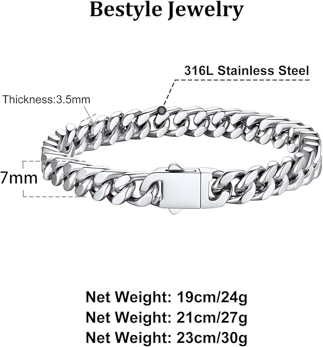 Bestyle Thick Mens Cuban Link Chain Bracelets, Durable Real 18K Gold/Black Metal Plated Solid Stainless Steel Hand Chain Cuban Bracelets for Men, Silver Black Gold Bracelets for Father Husband