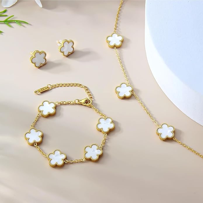 AmorArtSky Lucky Clover Jewelry Set - 18K Gold Plated Flower Design Five Leaf Bracelet, Necklace Pendant, Earrings for Women - Lucky Gifts for Mom, Wife, Daughter, Friends