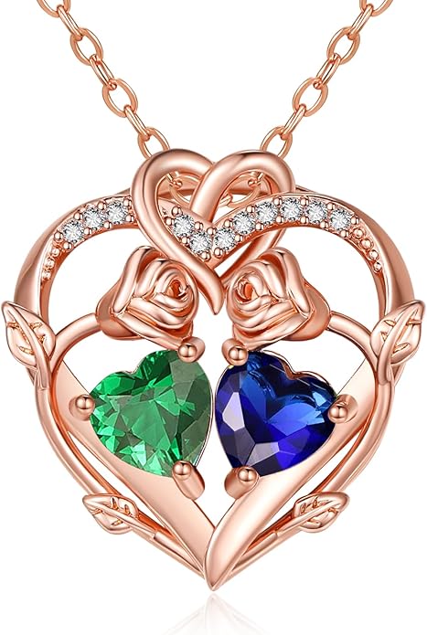 Rose Gold Necklaces for Women Double Birthstone Rose Flower Heart Pendant Necklace Jewelry Anniversary Christmas Valentine's Mother's Day Birthday Gift for Wife Mom Her Girlfriend Sister