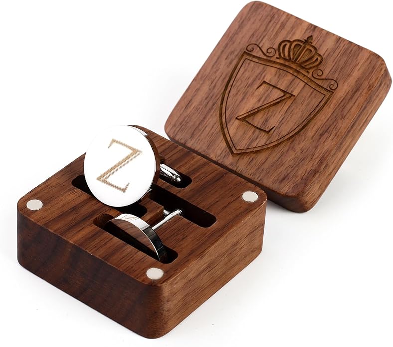 Mens Initial Silver Cufflinks A-Z Alphabet Letter Steel Cuff Links with Engraved Walnut Wood Box Groom Groomsman Wedding Set…