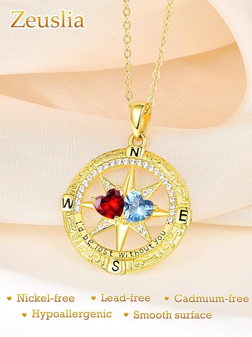 Zeuslia Double Birthstone Necklace Gifts for Wife - 925 Sterling Silver Sunflower/Rose/Crown Cross/Compass/Heart Pendant I Love You Necklace, Anniversary Birthday Gifts for Wife Girlfriend Mom Her