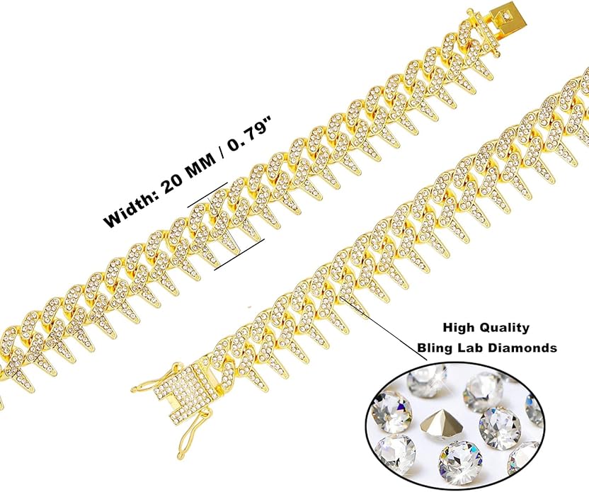 HH BLING EMPIRE Mens Gold Silver Plated Spike Cuban Link Chain Necklace and Bracelet Sets, Chunky Iced Out Diamond Miami Cuban Link Chains Hip Hop Jewelry