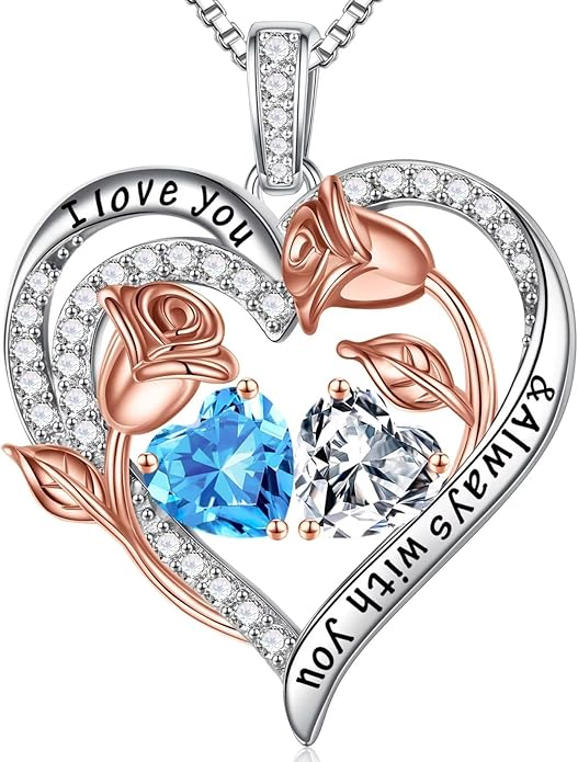 Iefil Birthstone Necklace for Women - 925 Sterling Silver Rose Heart Birthstone Necklace Birthday Anniversary Jewelry Gifts for Her Wife Mom Daughter