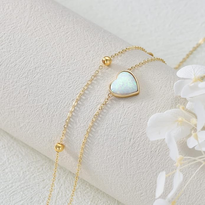 14K Solid Gold Heart Anklet for Women, Real Gold Layered Opal Anklet Bracelet Fine Jewelry Anniversary Birthday for Her, Wife, Mom, Girlfriend, 8''+2''