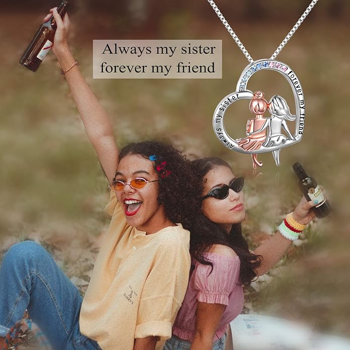 AOBOCO Gifts for Sister 2 3 Sisters Necklace for Women Sterling Silver Sister Crystal Pendant Jewelry Birthday Christmas Gifts for Friend Female Friendship Lasts Forever