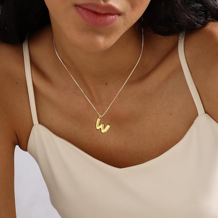 Bubble Gold Silver Letter Necklace Initial Necklaces for Women Trendy 14K Dainty Charm Pendant Name Necklace Personalized Jewelry Gift for Women Teen