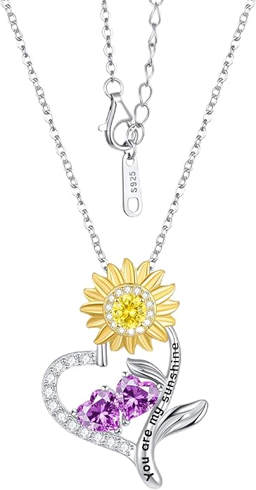 PERJI Valentine's Day Gifts for Women - 925 Sterling Silver Double Birthstone Sunflower Necklace, Anniversary Birthday Jewelry You are My Sunshine Gifts for Wife Couple Girlfriend 18"+2" Non Tarnish