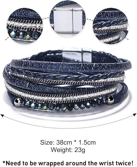 Fesciory Leopard Bracelet for Women, Boho Leather Wrap Multi-Layer Pearl Crystal Bracelet Bangle Jewelry