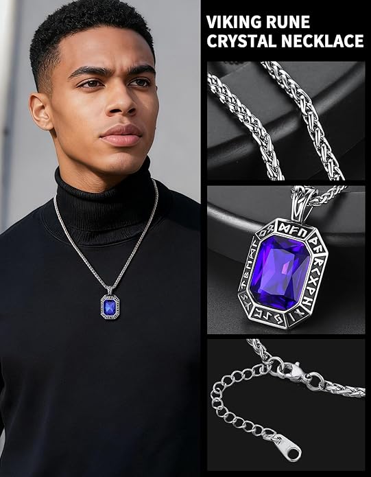 ChainsHouse Viking Rune Pendant Necklace for Men Women, Punk Biker Black Metal/316L Stainless Steel Onyx Norse Vintage Amulet Necklaces with Black/Red/Green/Blue Gemstone, Send Gift Box