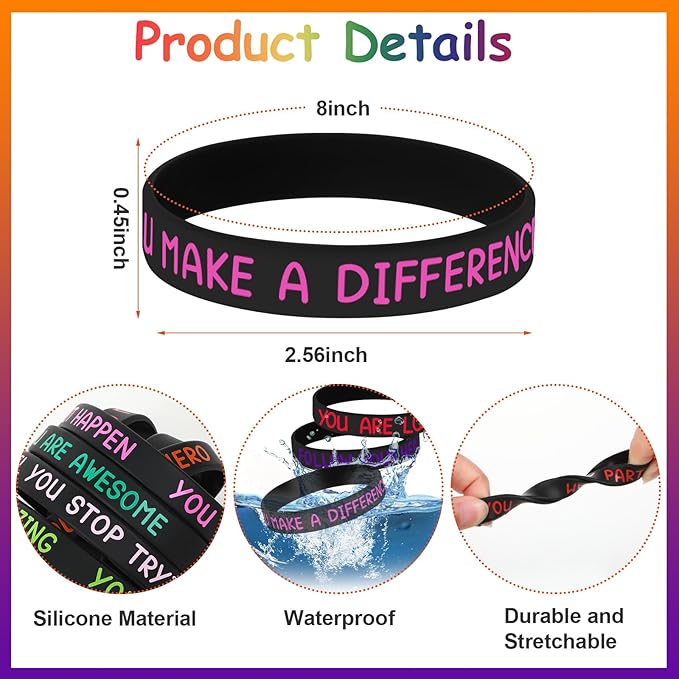 JUNEBRUSHS 64pcs Motivational Silicone Bracelets Bulk Black Colored Inspirational Rubber Wristbands for Student Teacher Back To School Gifts Classroom Reward Birthday Party Favor (16 Designs)