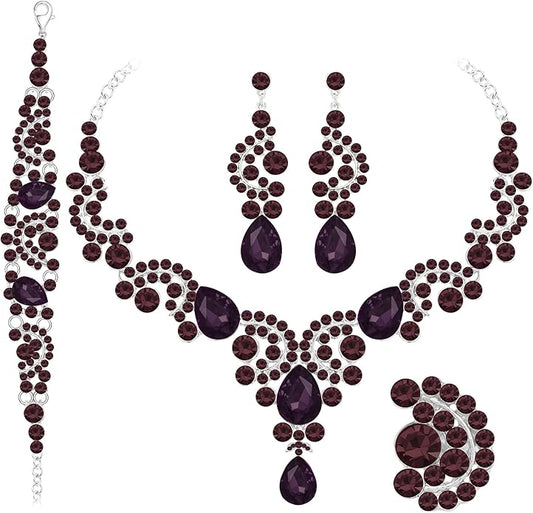 Paxuan Crystal Bridal Wedding Jewelry Sets for Women Rhinestone Teardrop Crystal Statement Choker Necklace Drop Earrings Link Bracelets Rings Teardrop Jewelry Set for Brides Bridesmaids
