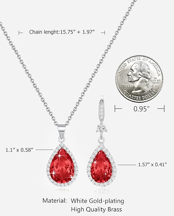 Sumonyo Women Jewelry Set Silver/Gold Plated Teardrop Pendant Necklace Dangle Drop Earrings Dangling Sets Birthstone Crystals Rhinestone,Birthday Anniversary Wedding Mother’s Day Gifts for Women