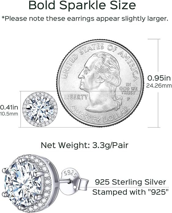 ChicSilver 925 Sterling Silver Birthstone Earrings for Women, 8MM/2 Carat Heart & Round Cubic Zirconia Stud Earrings, Hypoallergenic Jewelry, Ideal Birthday or Christmas Gifts