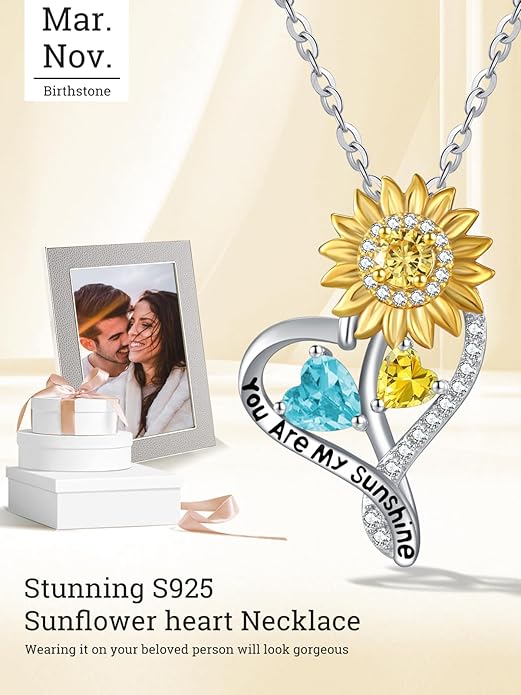 Zeuslia Double Birthstone Necklace Gifts for Wife - 925 Sterling Silver Sunflower/Rose/Crown Cross/Compass/Heart Pendant I Love You Necklace, Anniversary Birthday Gifts for Wife Girlfriend Mom Her