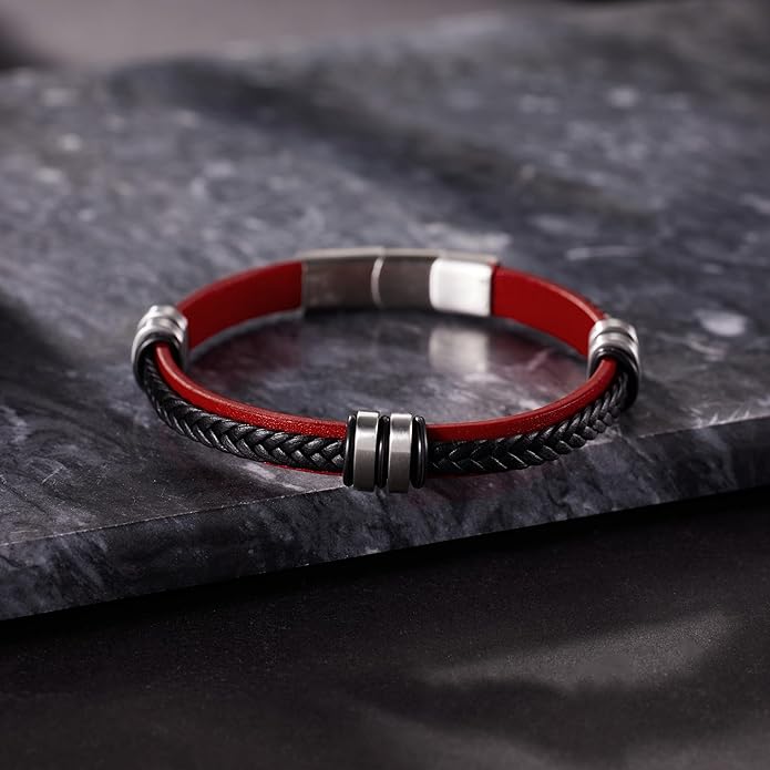 Leather Bracelet for Men with Adjustable Stainless Steel Magnetic Clasp Multi-Layer Braided Mens Leather Bracelet