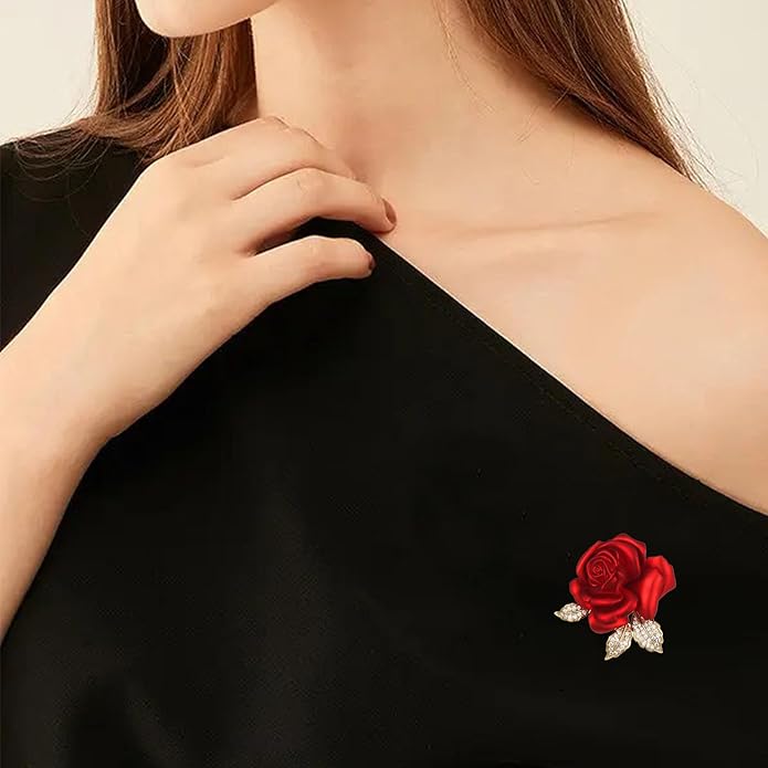 Just Follow Red Rose Flower Brooch with Rhinestones Sparkling Floral Pin for Women Vintage Blazer Jacket Dress Hat Scarf Accessory
