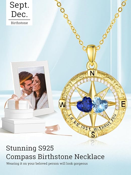 Zeuslia Double Birthstone Necklace Gifts for Wife - 925 Sterling Silver Sunflower/Rose/Crown Cross/Compass/Heart Pendant I Love You Necklace, Anniversary Birthday Gifts for Wife Girlfriend Mom Her