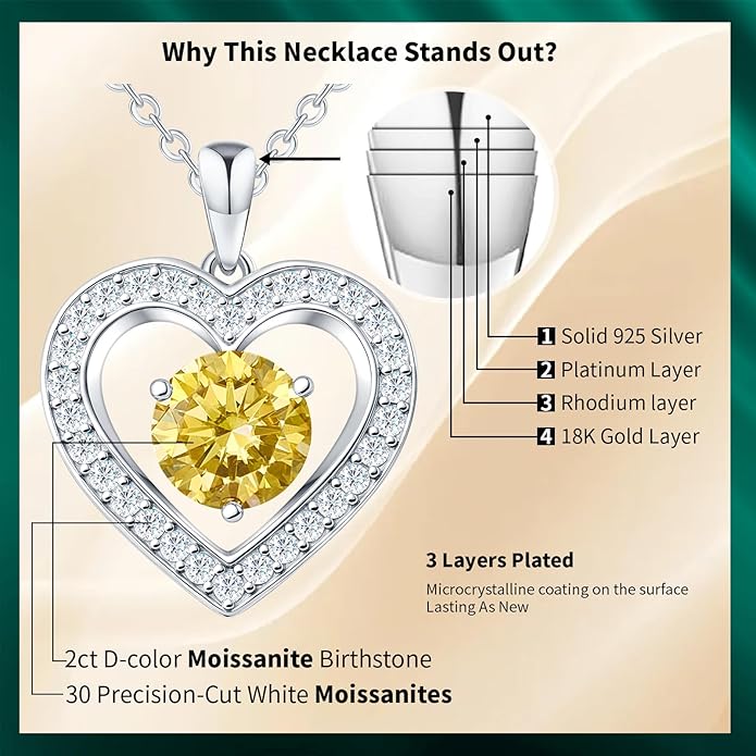 31-Stone Birthstone Heart Necklace for Women | 2ct Moissanite & 30 Sparkling Accents | Valentine's Day, Birthday,Mother's Day, Christmas Gift for Wife, Mother, Girlfriend