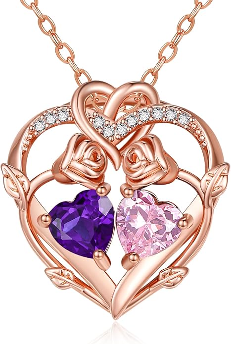 Rose Gold Necklaces for Women Double Birthstone Rose Flower Heart Pendant Necklace Jewelry Anniversary Christmas Valentine's Mother's Day Birthday Gift for Wife Mom Her Girlfriend Sister