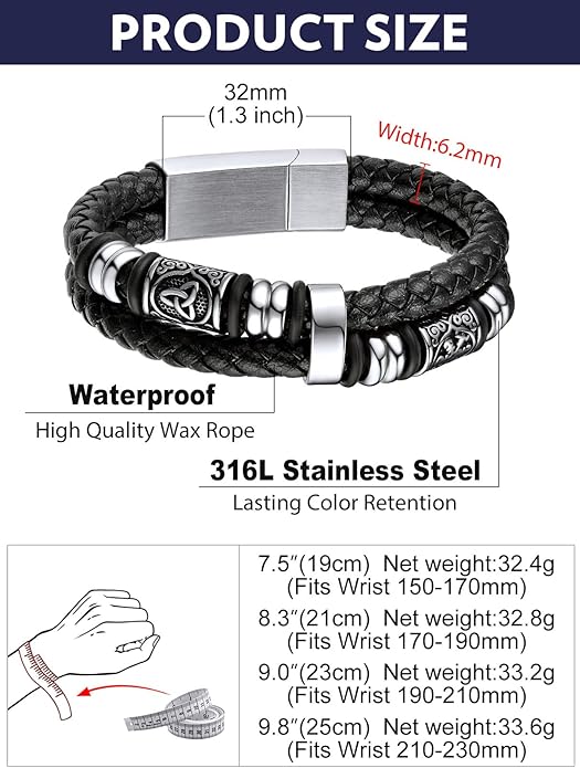 Bandmax Mens Black Double Wax Rope Cuff Bracelets Waterproof Stainless Steel Norse Style Celtic Knot Beads Bracelet Wristband Gift for Men