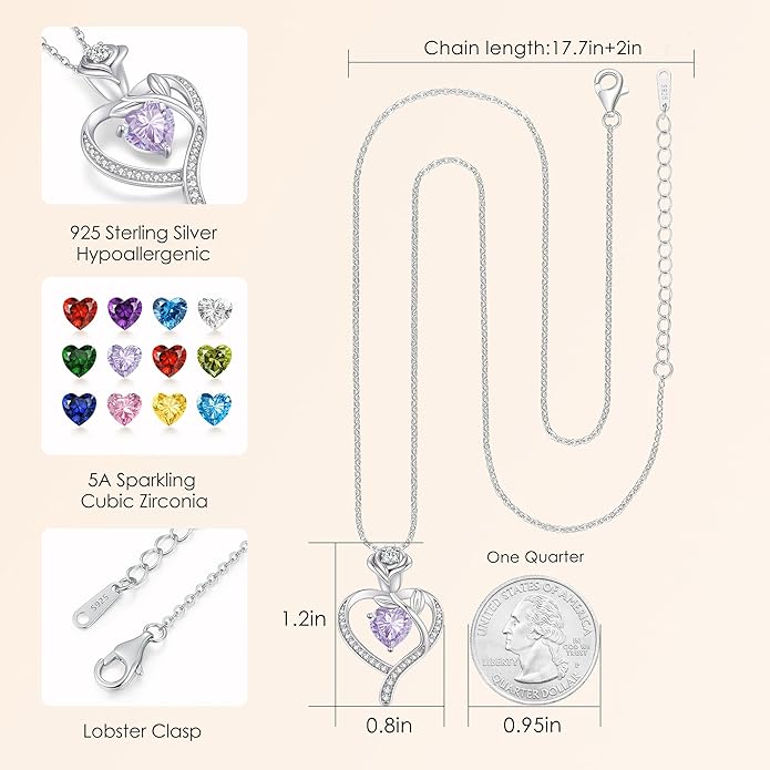 LOUISA SECRET Rose Flower Heart Birthstone Necklaces for Women, 925 Sterling Silver Fine Jewelry, Pendant Heart Necklaces Birthday Anniversary Christmas Gift for Women Wife Mom Girlfriend Lady