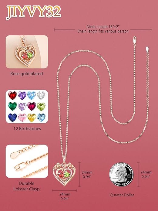 JIYVY32 Rose Heart Necklace for Women Exquisite 925 Sterling Silver Anniversary Birthday Gifts for Wife Mom Her Double Birthstone Pendant Jewelry