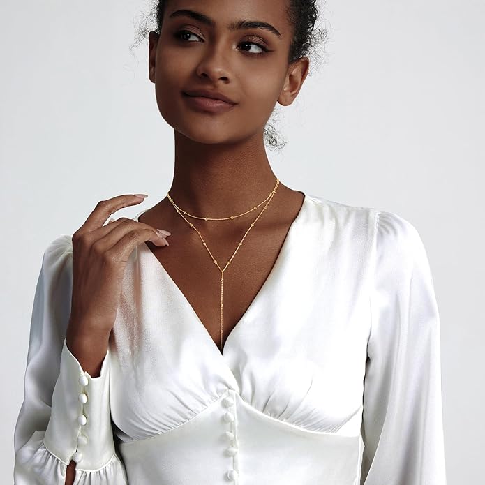 Zeffy Lariat Gold Necklace for Women, Dainty Long Necklace 14k Gold/Silver Plated Layered CZ Beaded Bar Chain Y-Shaped Body Chain Stack Drop Wedding Necklace Trendy Simple Gold Jewelry Gifts