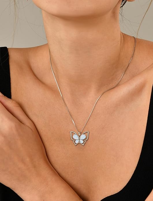 YL Women's Butterfly Necklace 925 Sterling Silver Flower Rose Pendant Birthstone Halo Jewelry