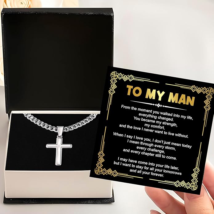 FLAGISTA To My Man Cross Necklace, Stainless Steel Cross Pendant with Adjustable Cuban Link Chain, Meaningful Gift for Him.