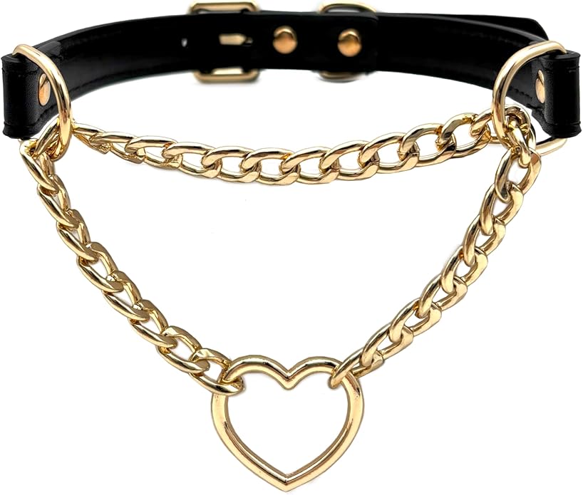 Black Leather Choker Collar For Women, Handmade Heart Slip Chain Choker Long Necklace with Adjustable Buckle