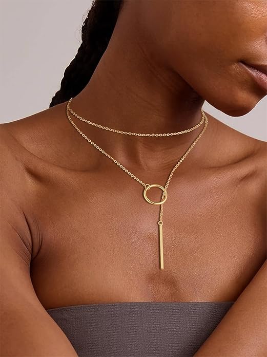 FOCALOOK Long Necklaces for Women 14K Gold Plated Dainty Drop Bar Pendant Lariat Y-Shaped Necklace Earring Set 28inch/73cm