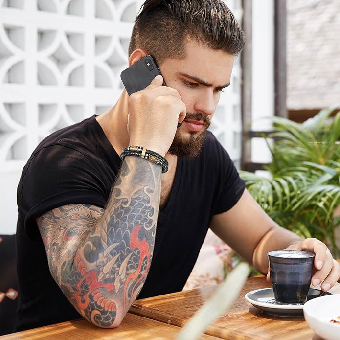 Viking Leather Bracelet For Men Balck Cool Handmade Stackable Jewelry, Faith and Courage Bangle Bracelets