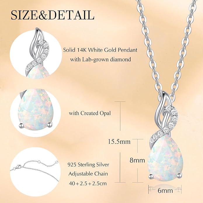 FANCIME 14K Solid White Gold Teardrop Pendant with Diamond Birthstone Necklace