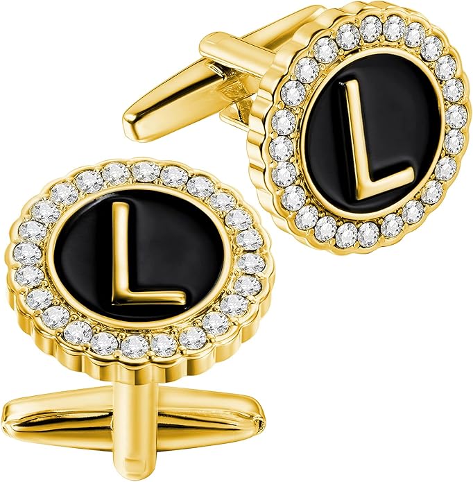 HAWSON A-Z Initial Cufflinks for Men and Women with Clear Crystal, Gold Silver Color Rasied Letter A-Z Cuff Links for French Shirt, Gift for Normal and Business Wearing
