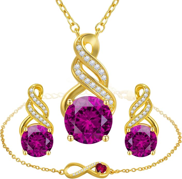 HNPHQT Jewelry Sets for Women-18K Gold Plated Dainty Birthstone Pendant,Trendy Necklace Earrings Infinity Bracelets Set,Ideal Jewelry Gifts for Her Mom