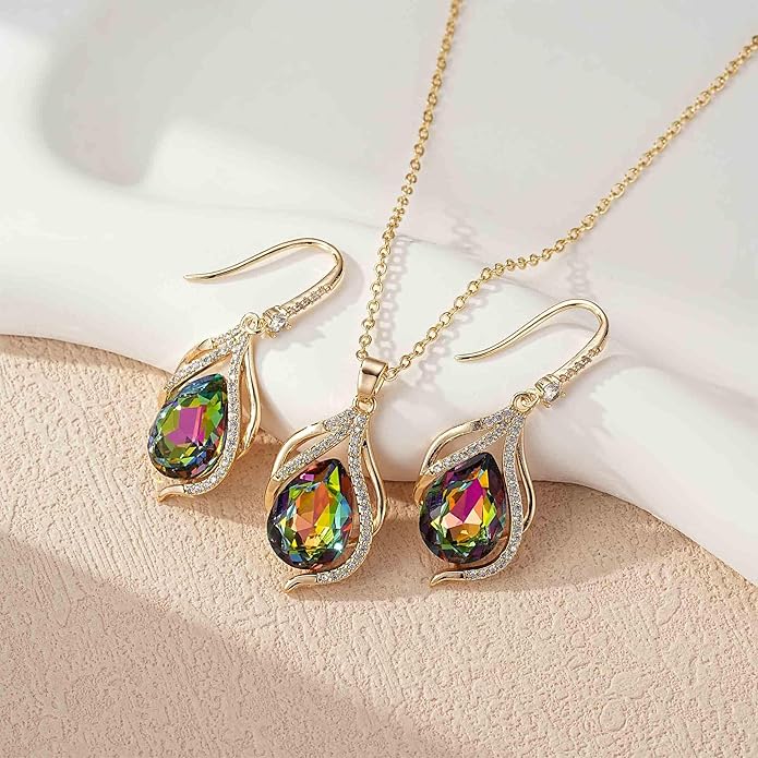 EVEVIC Austrian Crystals Teardrop Hollow Twisted Pendant Necklace Earrings for Women 14K Gold Plated Halo Drop Dangle Earrings Hypoallergenic Jewelry Set