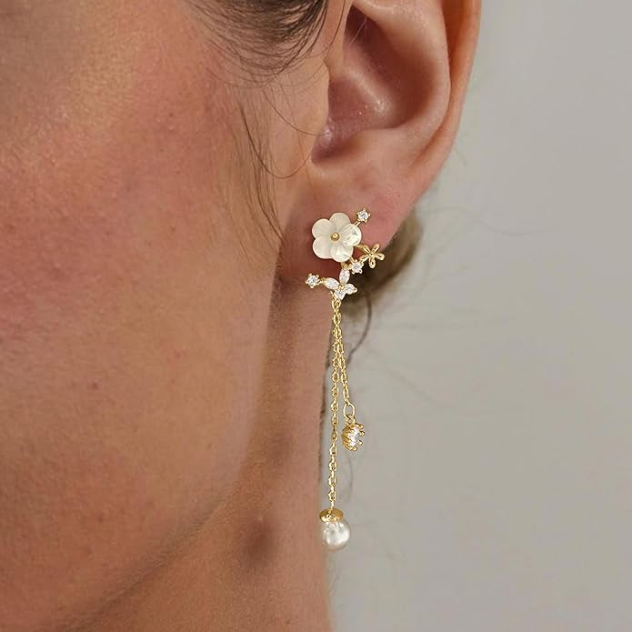 Gold Earrings for Women,Dainty 14k Gold Plated Pearl Drop Earring Dangle Pearl Dangling Earrings for Women Trendy Small Cute Wedding CZ Earring Long Chain Threader Prom Jewelry Gifts