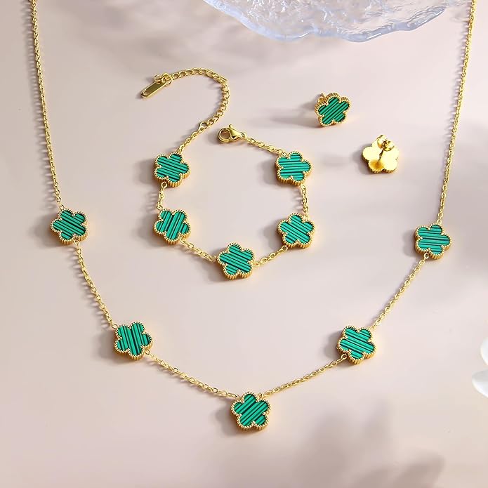 AmorArtSky Lucky Clover Jewelry Set - 18K Gold Plated Flower Design Five Leaf Bracelet, Necklace Pendant, Earrings for Women - Lucky Gifts for Mom, Wife, Daughter, Friends